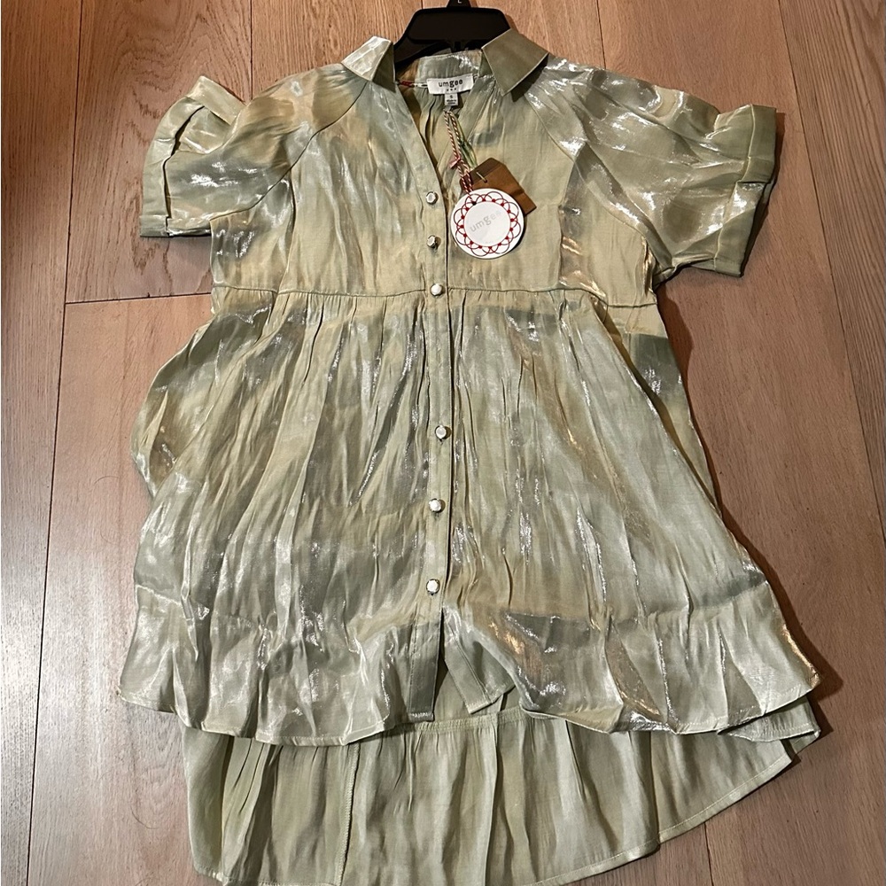 Umgee Metallic Olive Button-Up Blouse